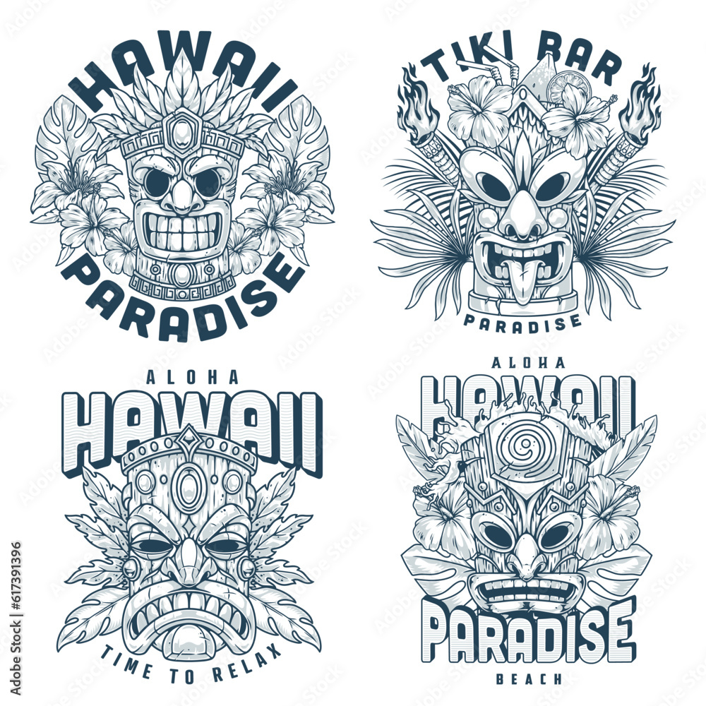 Hawaiian masks set stickers monochrome