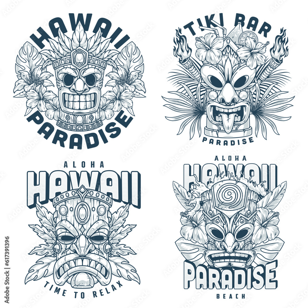 Hawaiian masks set stickers monochrome Hawaiian masks set stickers monochrome