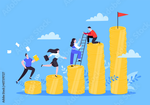 Business mentor helps improve career and money stacks growing. He holds stairs steps vector illustration. Mentorship, upskills, climb help self development strategy flat style design business concept.