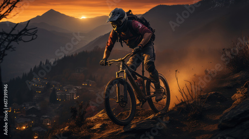 A silhouette of a cyclist practicing a bicycle on a mountain © Sasint
