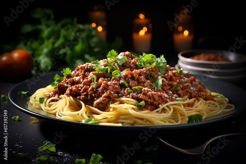 Close Up Photo Of Spaghetti Bolognese, Generative AI