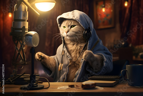 a cute cat wearing human clothes sitting in a recording studio about to produce a podcast or asmr sounds. Generative AI technology