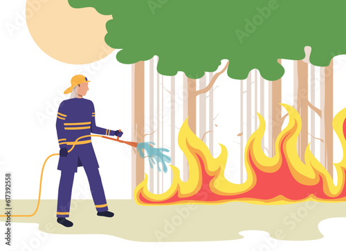 Firefighter putting out fire in forest using water hose. Man in uniform with firefighting equipment, burning trees vector illustration. Nature, summer, danger, ecology concept