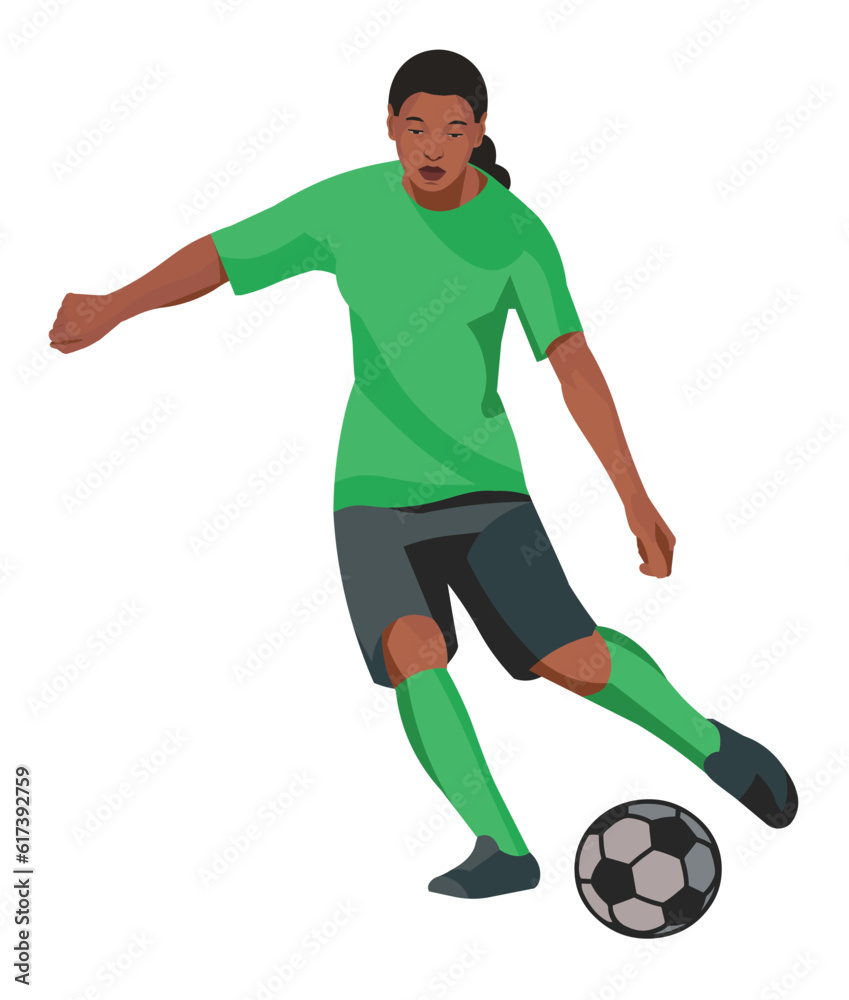 African women's football girl player with the ball is running and dribbling past the opponent at the championship