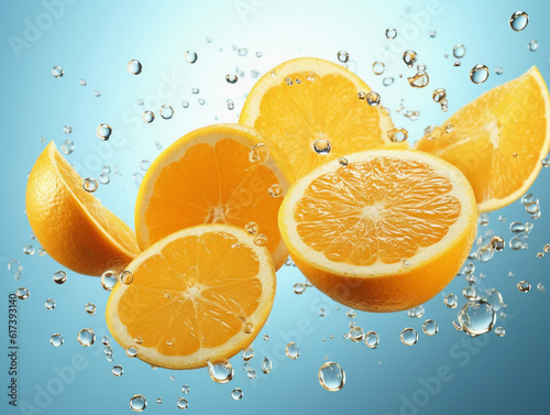 Fliegende Orangen in Wasser Flüssigkeit Obst Realistisch