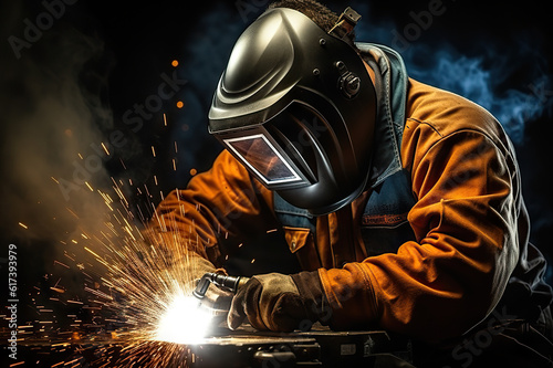 Sparks of Precision Skilled Welder Crafting Metal with Protective Gear. created with Generative AI © photobuay