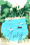 spring, summer, paint, background, art, vector, design, drawing, august, july, june, azure water, grass, lake, invitation, card, poster, banner, landscape, childhood, pond, plant, greenery, romantic, 