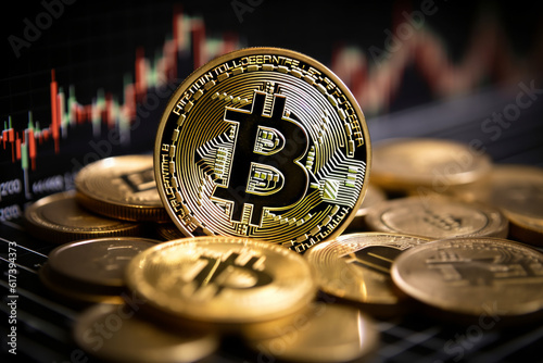 the bitcoin symbol, and some gold coins in front of stock charts, on top of the pile of gold coins, is a showing market cap