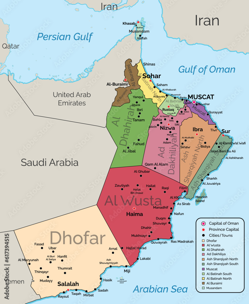 A colorful Oman map vector with 11 governorates, provinces, major ...