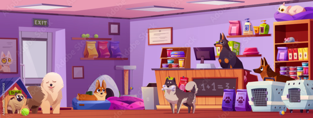 Animal pet toy store interior cartoon background. Supermarket indoor with cat or dog care accessory to buy. Domestic canine cage, feed bag, bowl and sleep pillow element in market illustration