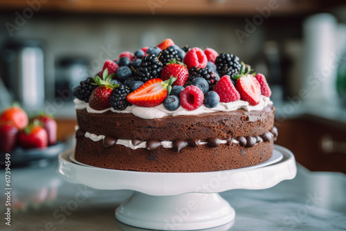 frosty chocolate mousse cake with fresh berries on top on a cake stand