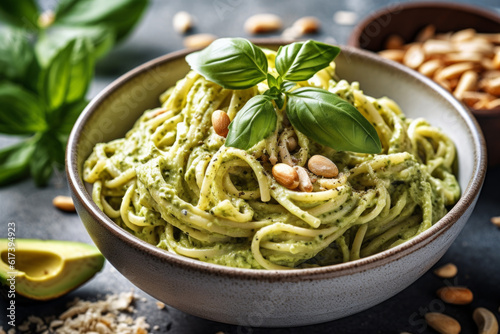 basil avocado fettuccine with pistachio nuts and mint on dark grey background