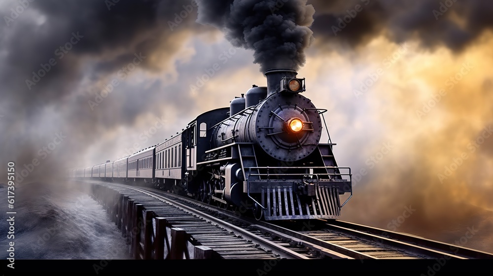 Classic steam locomotive train engine on track generative ai - obrazy, fototapety, plakaty 