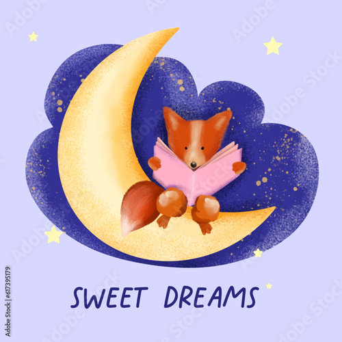 Foxy reading a book on the Moon. Sweet dreams banner, Vector illustration fox, colorful drawing character
