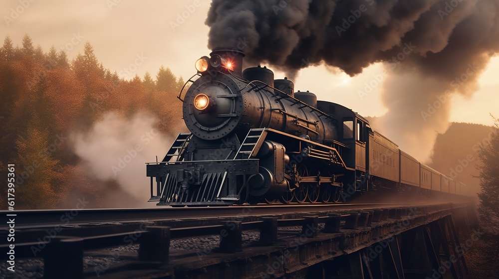 Fototapeta premium Classic steam locomotive train engine on track generative ai