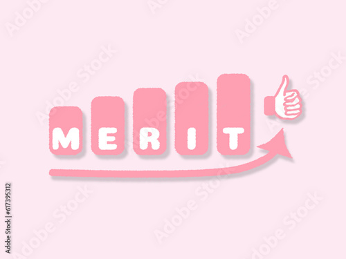 MEREITの文字、矢印、サムズアップのマーク