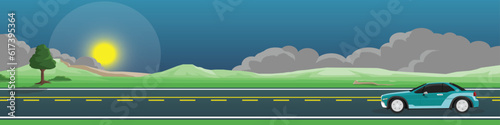 Cartoon transport travel for banner. Classic sport car for travel at night.  Asphalt road near the green grass and tree. Mountain and night sky with dark clouds. Copy Space Flat Vector.