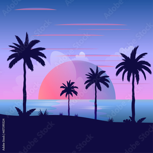 beach sunset with palm silhouettes