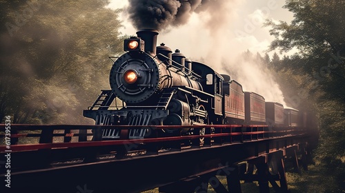 Classic steam locomotive train engine on track generative ai