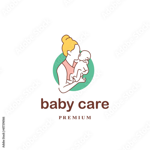 mother and baby logo, motherhood woman holding baby in her arms affectionately vector illustration