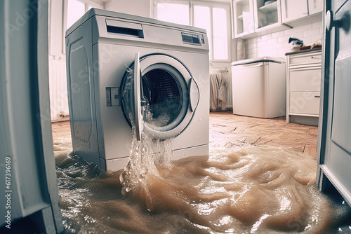 Fotografia Leaking washing machine. Generative AI technology.
