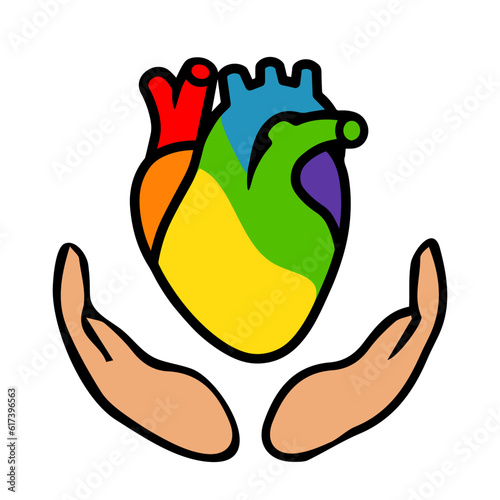 Rainbow heart in hands. Celebration and commemoration of lesbian,gay,bisexual, and transgender pride. LGBT Pride Month. LGBT symbol. Sutable for printing on postcards, greeting card, sticker, logotyp