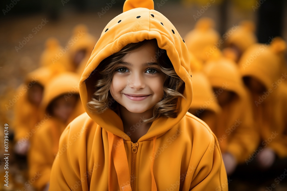 Portrait of a little girl in orange costume surrounded by more little girls in orange costumes for Halloween celebration. Generative AI.