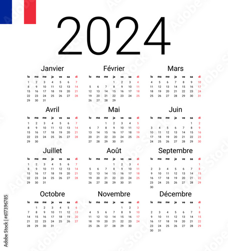 French 2024 calendar. Vector design template start from monday. Full months for wall calendar