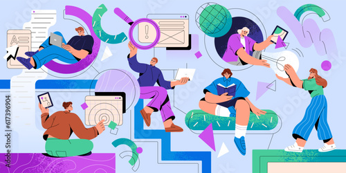 Business coworking and workflow concept. Team, people, colleagues in company, organization, creative community. Corporate work, partnership and study. Teamwork, education Flat vector illustration