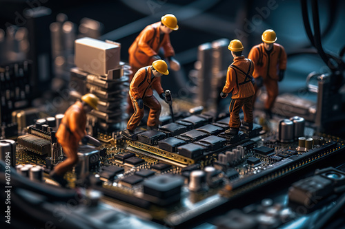 Technician Team Figurines Conducting Computer Motherboard Maintenance, Embracing the Potential of Generative AI Technology. created with Generative AI
