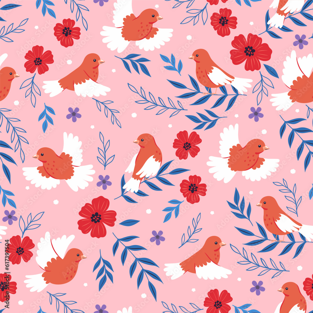 Seamless pattern with red canary birds and flowers. Vector graphics.