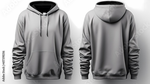 Gray hoodie template. Front, Back side view. Hoodie sweatshirt long sleeve with hoody for design mockup for print, isolated on white background.