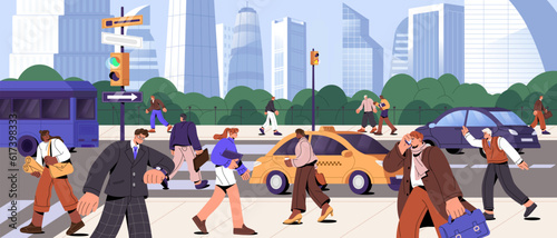 People going, rushing on different businesses, hurrying to work, office. Morning city life concept. Rush hour, busy urban street traffic with pedestrians and cars, panorama. Flat vector illustration