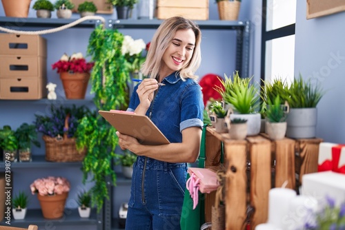 Young woman florist smiling confident holding clipboard at florist