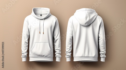 white hoodie template. Front and back view. Hoodie sweatshirt long sleeve with hoody for design mockup for print, isolated on pastel background photo