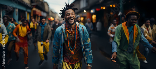 Young man with dreadlocks dancing reggaeton in the street. Man is on focus and foreground. Latin Party. photo