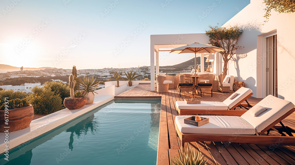 Fototapeta premium Modern Mediterranean white house with pool on hill with stunning view. Summer vacation background