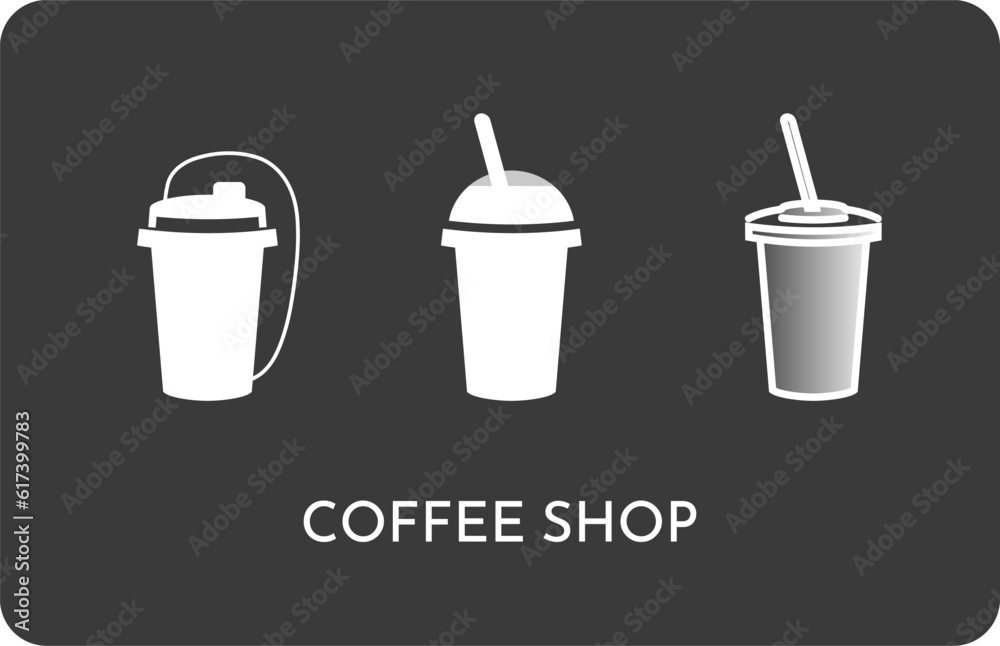 Coffee shop, cafe, restaurant design in black and white. Three types of takeaway cups isolated on dark background. Outline and gradient. For business card, leaflet, decoration, packaging, logo, icon Coffee shop, cafe, restaurant design in black and white. Three types of takeaway cups isolated on dark background. Outline and gradient. For business card, leaflet, decoration, packaging, logo, icon