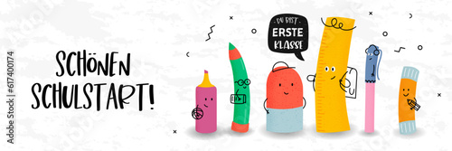 Cute hand drawn characters and German text saying "Happy first Day of school - you are the number one" - great for banners, invitations, advertising