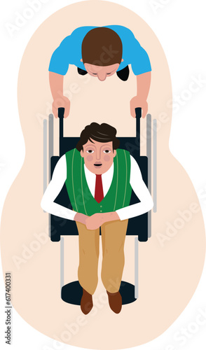 Male Nurse Pushing Handicap Man in a Wheelchair, Areal View