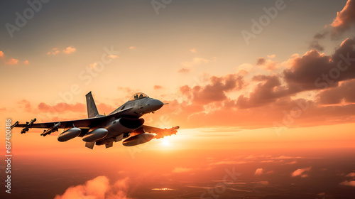 f16 fighter jet flying at sunset with great speed. new technologies of military combat aviation concept. Generative AI