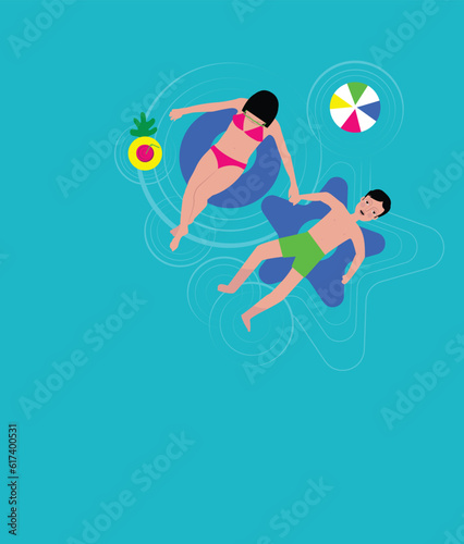Areal View of Couple Floating in Pool, Relaxing on Floatable Tubes, Holding Hands