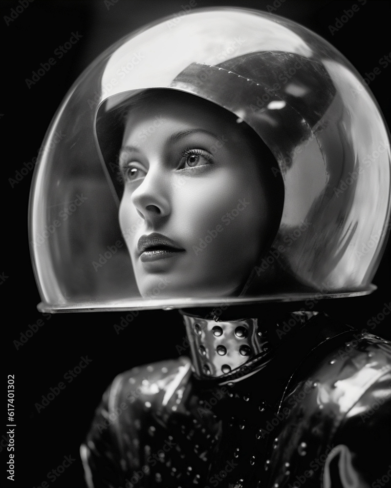 1950's Atomic age image of model wearing sci-fi style space suit and helmet in preparation for instellar travel to the moon and beyond. - obrazy, fototapety, plakaty 