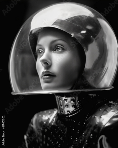 1950's Atomic age image of model wearing sci-fi style space suit and helmet in preparation for instellar travel to the moon and beyond. photo