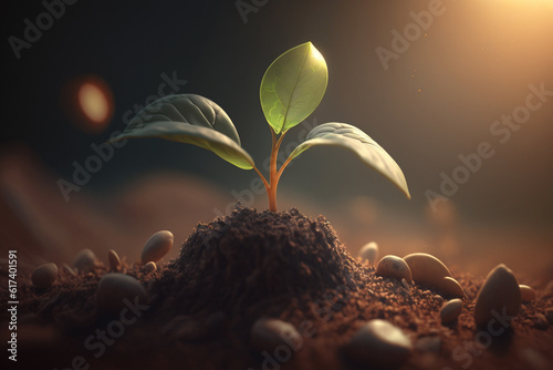 The seedling are growing from the rich soil. Green sprout growing out from soil. Green plant growing in good soil. Agriculture, organic gardening, planting or ecology. Young sprouts, seedlings growing