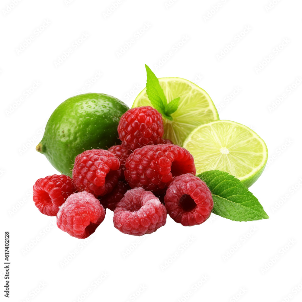Raspberry with leaves isolated on white background. Raspberry with leaves isolated on white background.