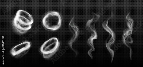 Hookah vape smoke circle and tornado vector effect. 3d realistic abstract white cigarette cloud steam swirl set. Isolated mist flow motion frame and wave curve illustration on black background.