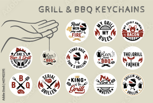 Vector lettering for keychain, t shirt, poster, card. Funny BBQ concept with keychain mockup