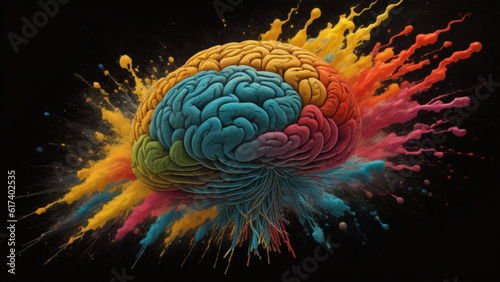 A creative concept of the human brain in a mind blowing explosion of color. Generative AI