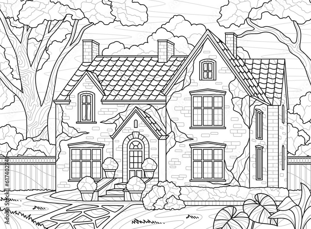 House with garden. Coloring book in zentangle style with castle and stone path. Black and white banner with rustic landscape. Architecture, villa and home concept. Outline flat vector illustration
